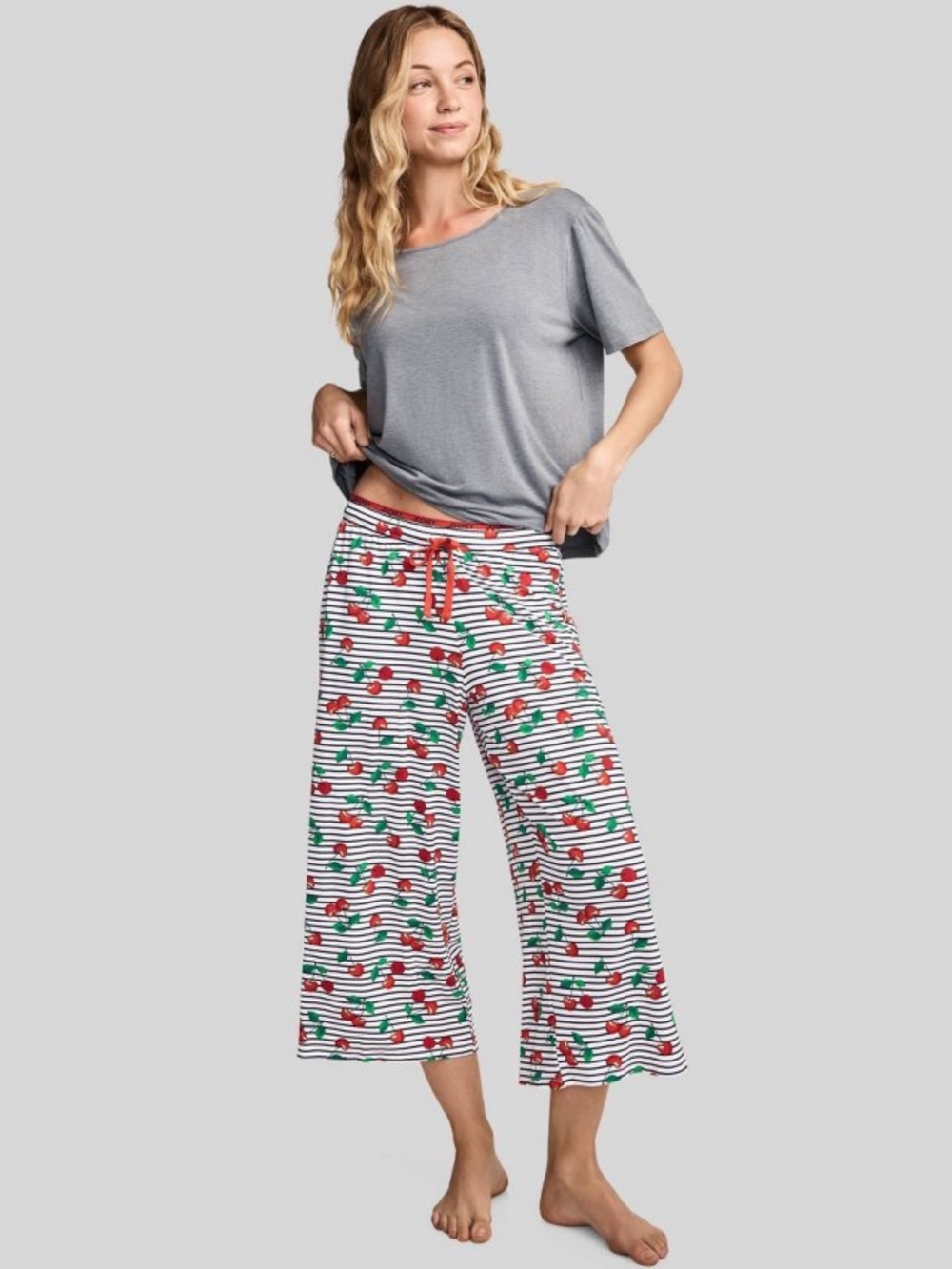 JOCKEY Soft White Navy Stripe Cherry Print Crop PJ Pants